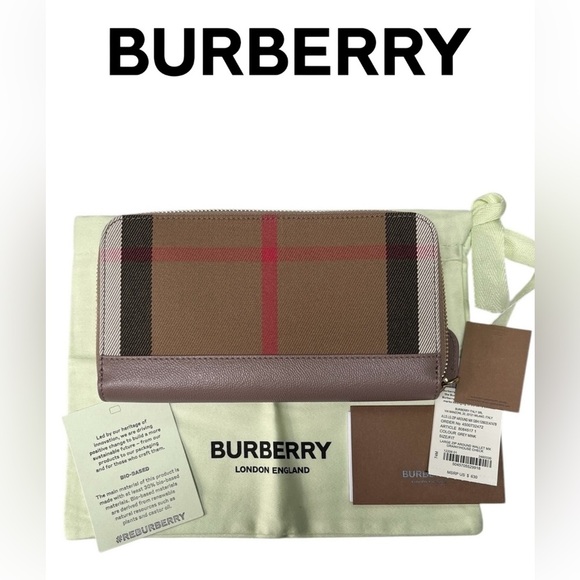 BURBERRY Large Zip Around Nova Check Grey Mink Leather Wallet Dust Bag Authentic - Picture 1 of 7